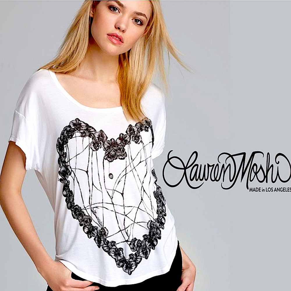 Lauren Moshi Revolve Orchid Heart Audrey Soft S/S T White Violet Gold Size XS